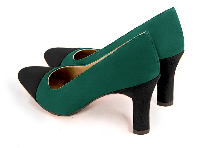 Matt black and emerald green women's dress pumps, with a round neckline. Round toe. High kitten heels. Rear view - Florence KOOIJMAN